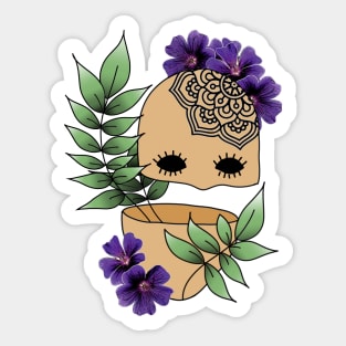 Surreal Plant Person with Realism Flowers and Mandala Tattoo on Bald Head Sticker